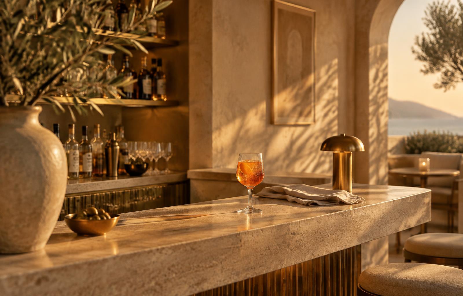 Golden-hour hotel bar corner, travertine counter, linen napkin and an amber spritz
