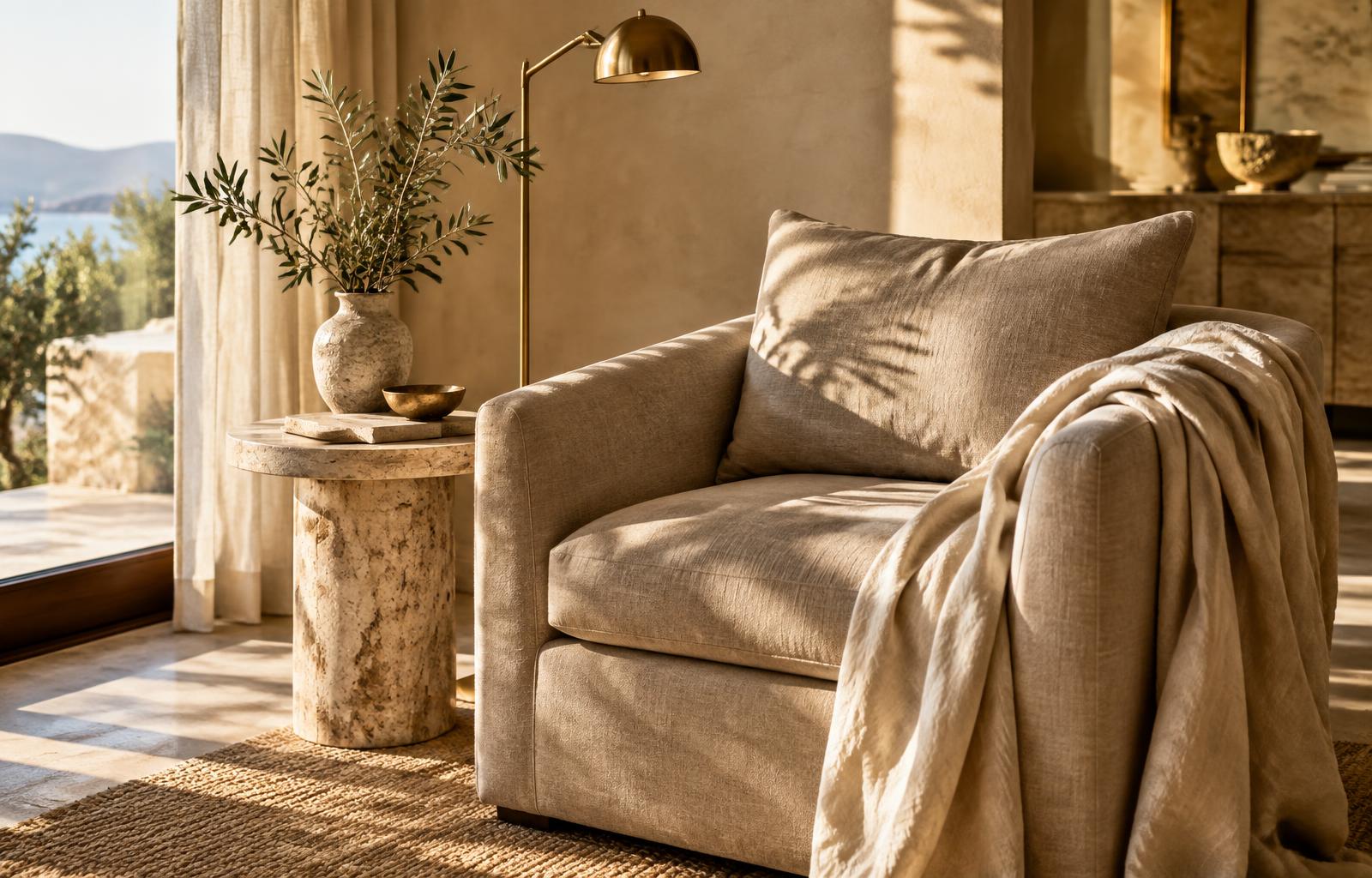Sunlit boutique hotel lounge, linen armchair and olive branches