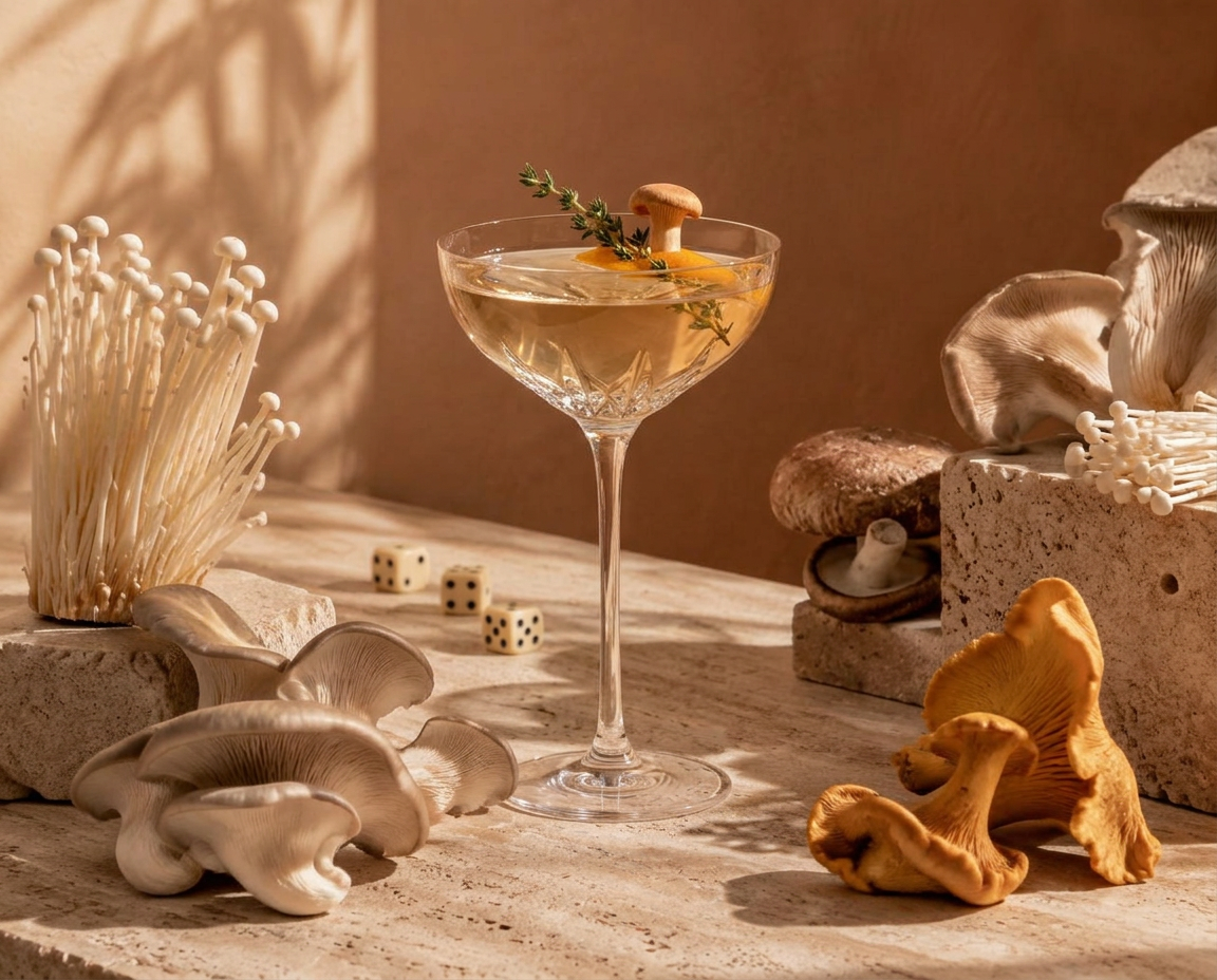 Illustrative alcohol-free cocktail in a crystal coupe, mushrooms and dice